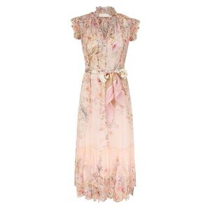 Designer-Style Floral Pink Ruffled Midi Dress